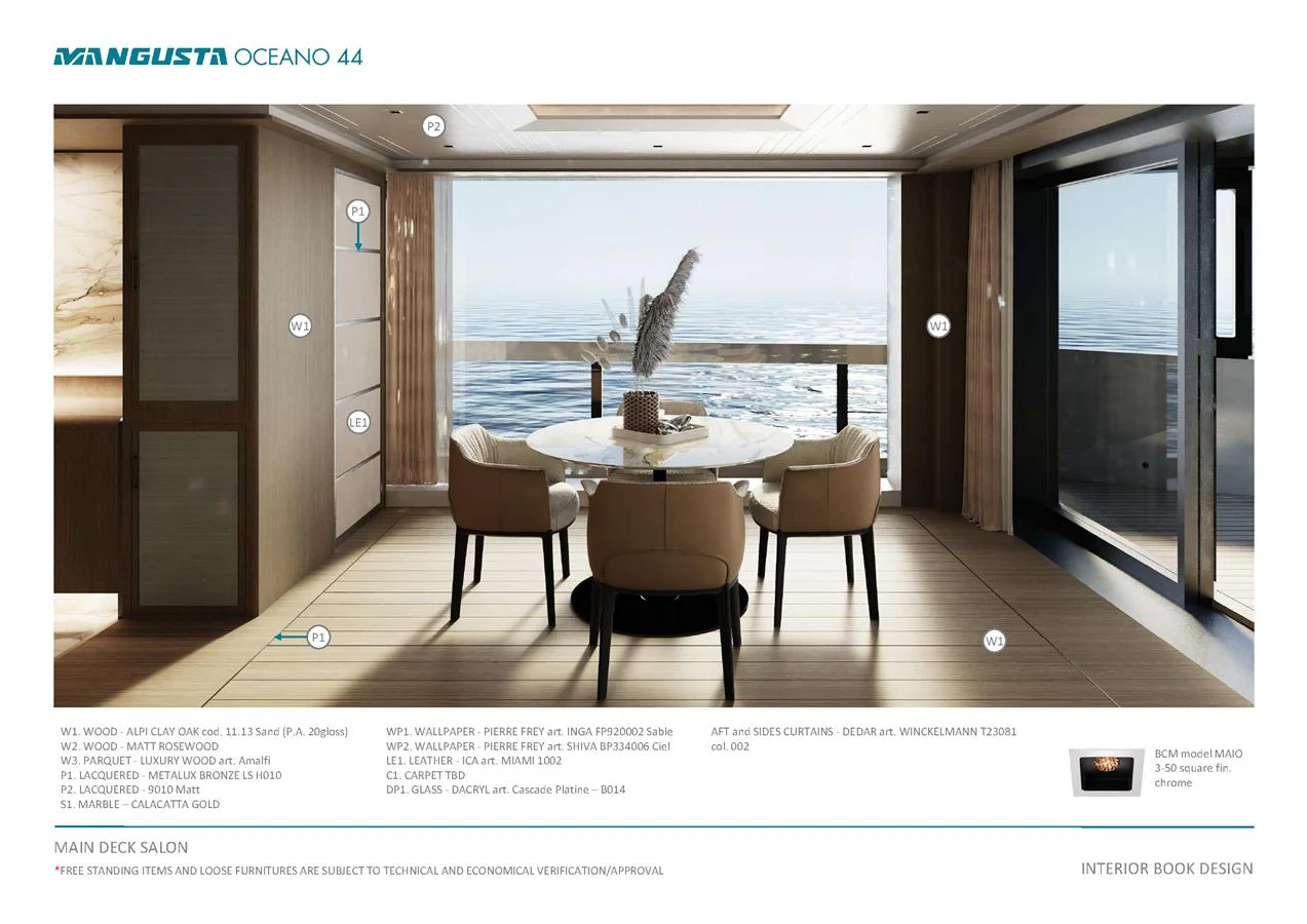 The main deck salon features elegant dining with panoramic ocean views. aboard MANGUSTA OCEANO 44, #8 Yacht for Sale