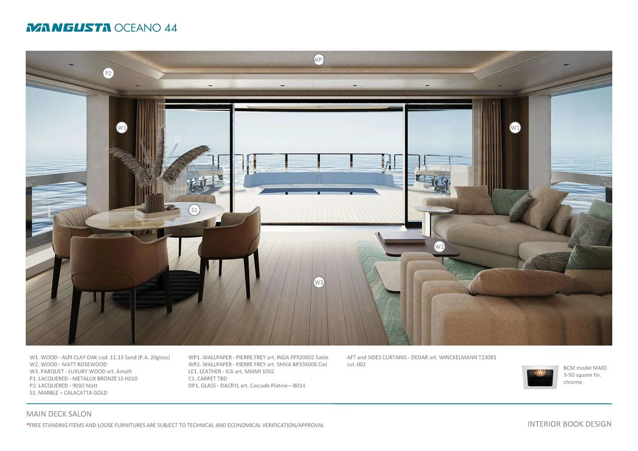 The main deck salon offers a luxurious and spacious area with panoramic views and elegant furnishings. aboard MANGUSTA OCEANO 44, #8 Yacht for Sale