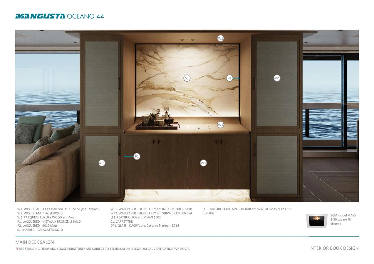 The main deck salon features elegant wood cabinetry and a luxurious marble backdrop. aboard MANGUSTA OCEANO 44, #8 Yacht for Sale