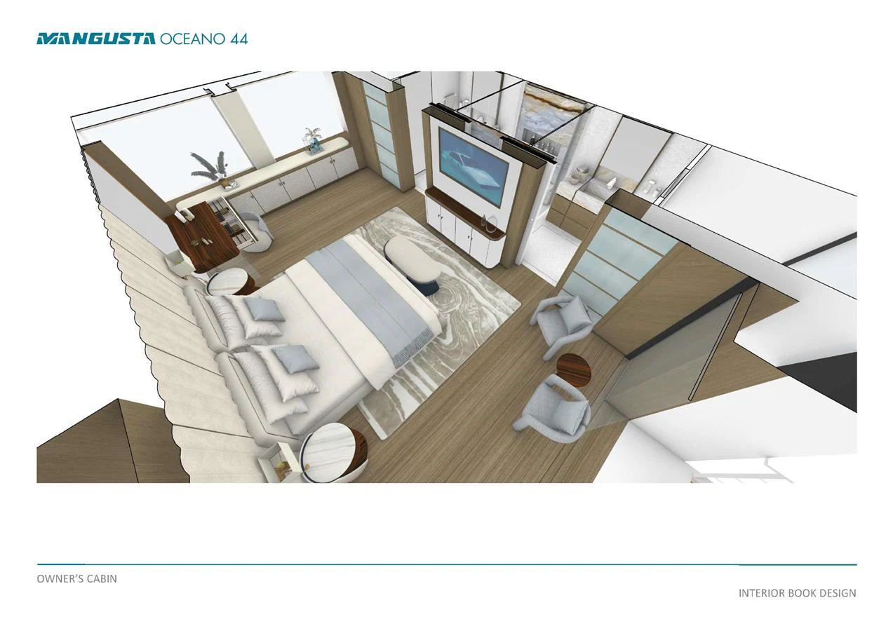 The owner's cabin features a spacious layout with modern furnishings and ample natural light. aboard MANGUSTA OCEANO 44, #8 Yacht for Sale
