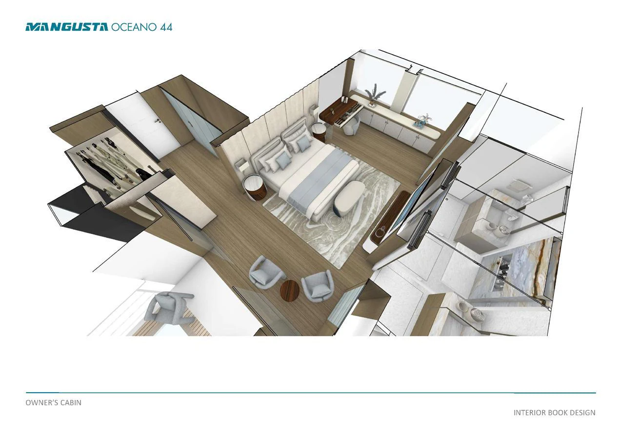 The owner's cabin features a spacious layout with elegant furnishings and modern design. aboard MANGUSTA OCEANO 44, #8 Yacht for Sale