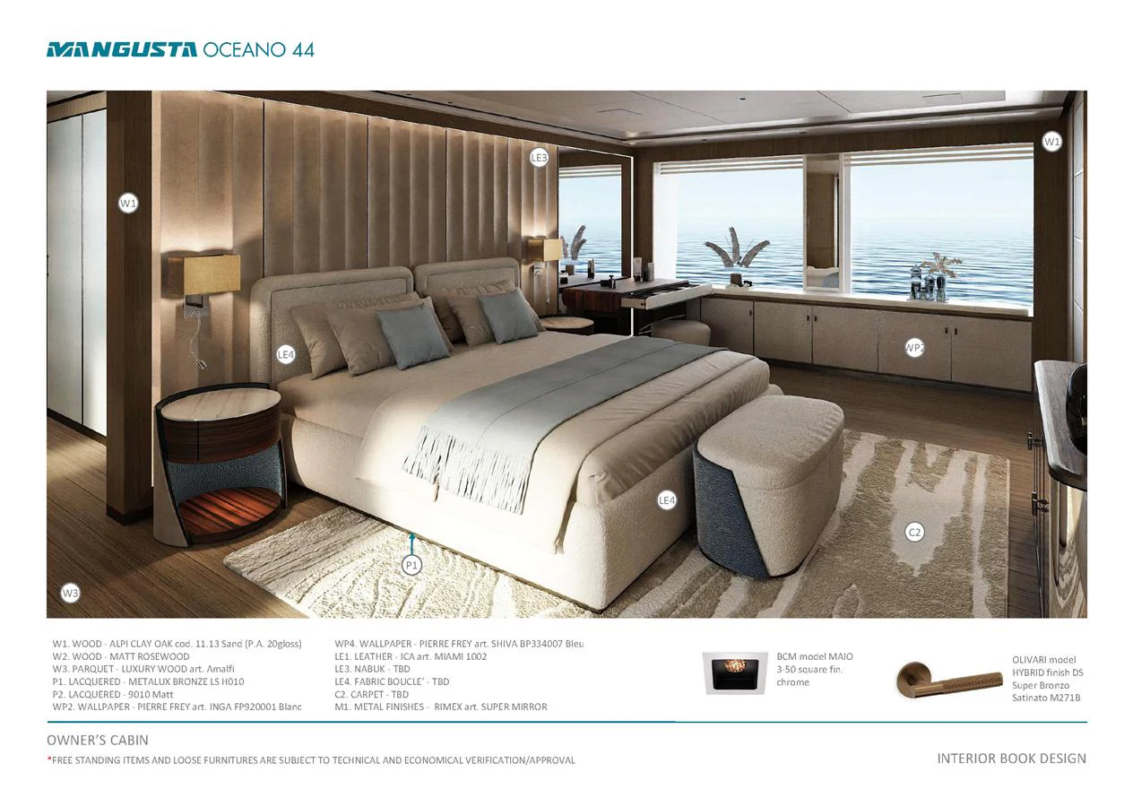 The owner's cabin features a luxurious bed with a stunning ocean view through large windows. aboard MANGUSTA OCEANO 44, #8 Yacht for Sale