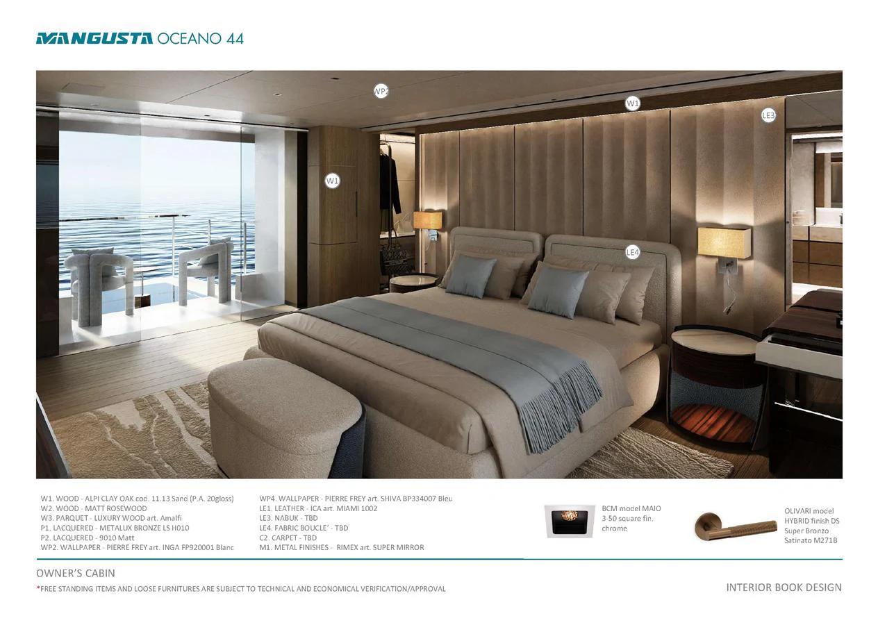 The owner's cabin features a luxurious bed with elegant furnishings and a stunning view of the sea. aboard MANGUSTA OCEANO 44, #8 Yacht for Sale