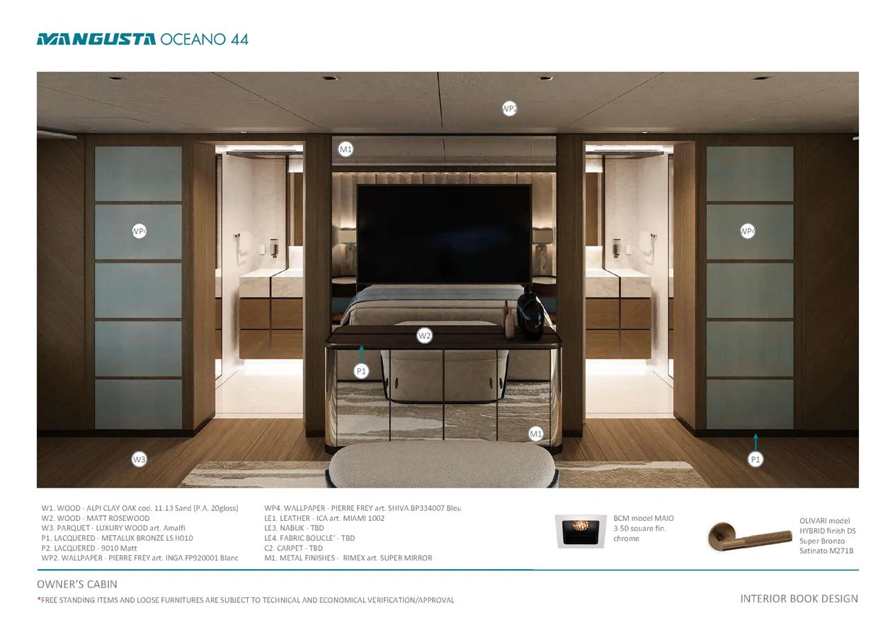 The owner's cabin features luxurious furnishings and a sophisticated design. aboard MANGUSTA OCEANO 44, #8 Yacht for Sale
