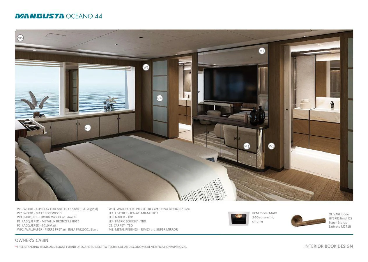 The owner's cabin features a spacious layout with a large bed, ample storage, and an en-suite bathroom. aboard MANGUSTA OCEANO 44, #8 Yacht for Sale