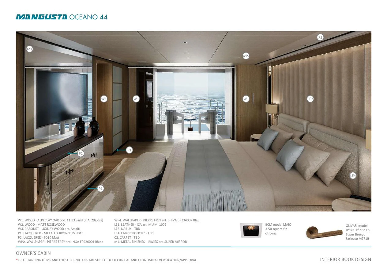 The owner's cabin features a spacious layout with a luxurious bed and a stunning view of the ocean. aboard MANGUSTA OCEANO 44, #8 Yacht for Sale