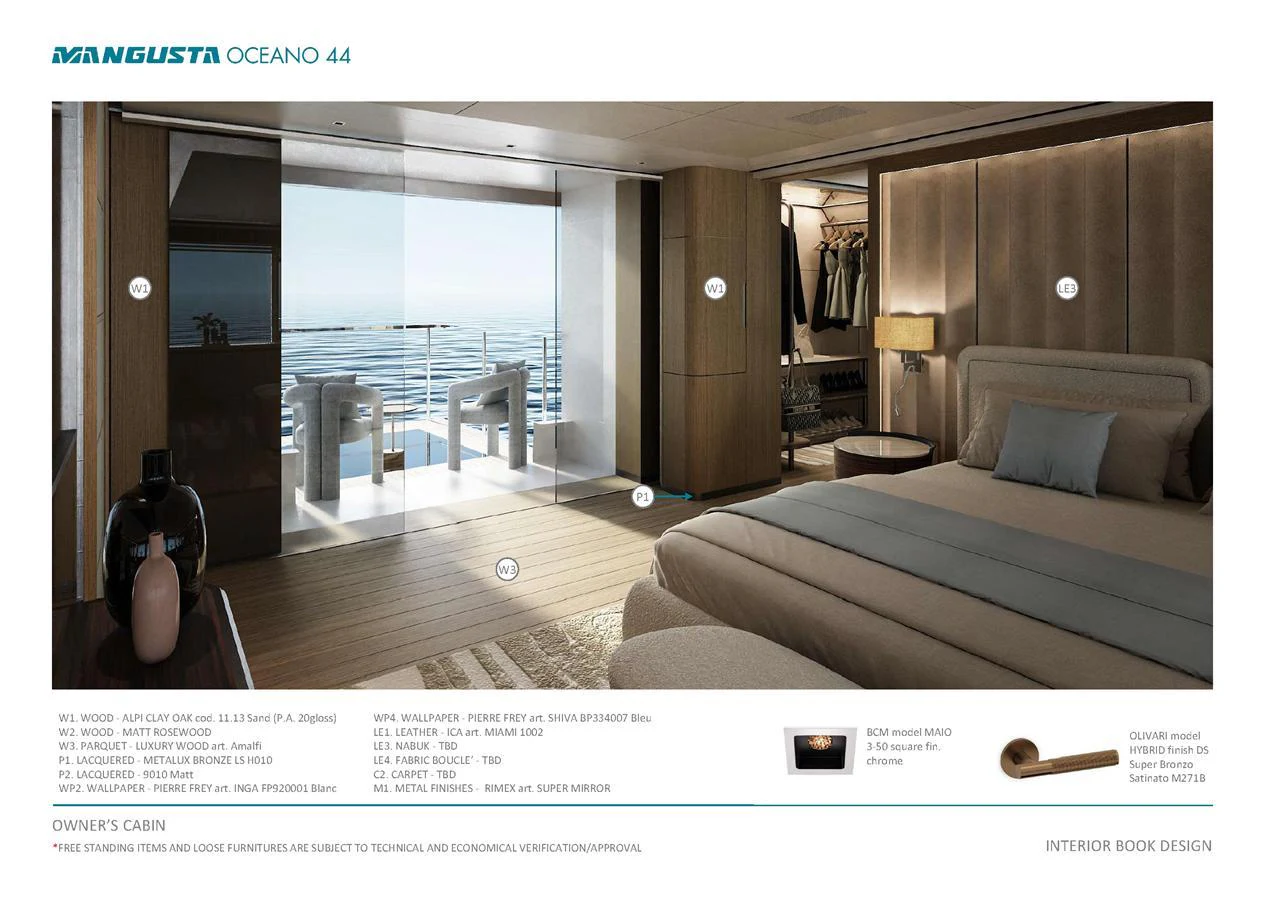 The owner's cabin features a luxurious bed, elegant furnishings, and a stunning view of the sea through large windows. aboard MANGUSTA OCEANO 44, #8 Yacht for Sale
