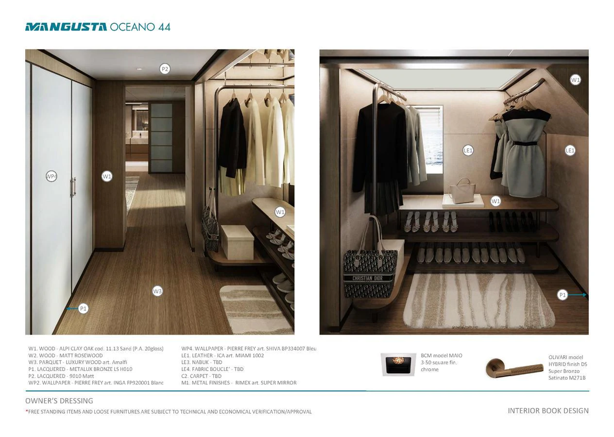 The owner's dressing room features elegant wood finishes and ample storage space for clothing and accessories. aboard MANGUSTA OCEANO 44, #8 Yacht for Sale