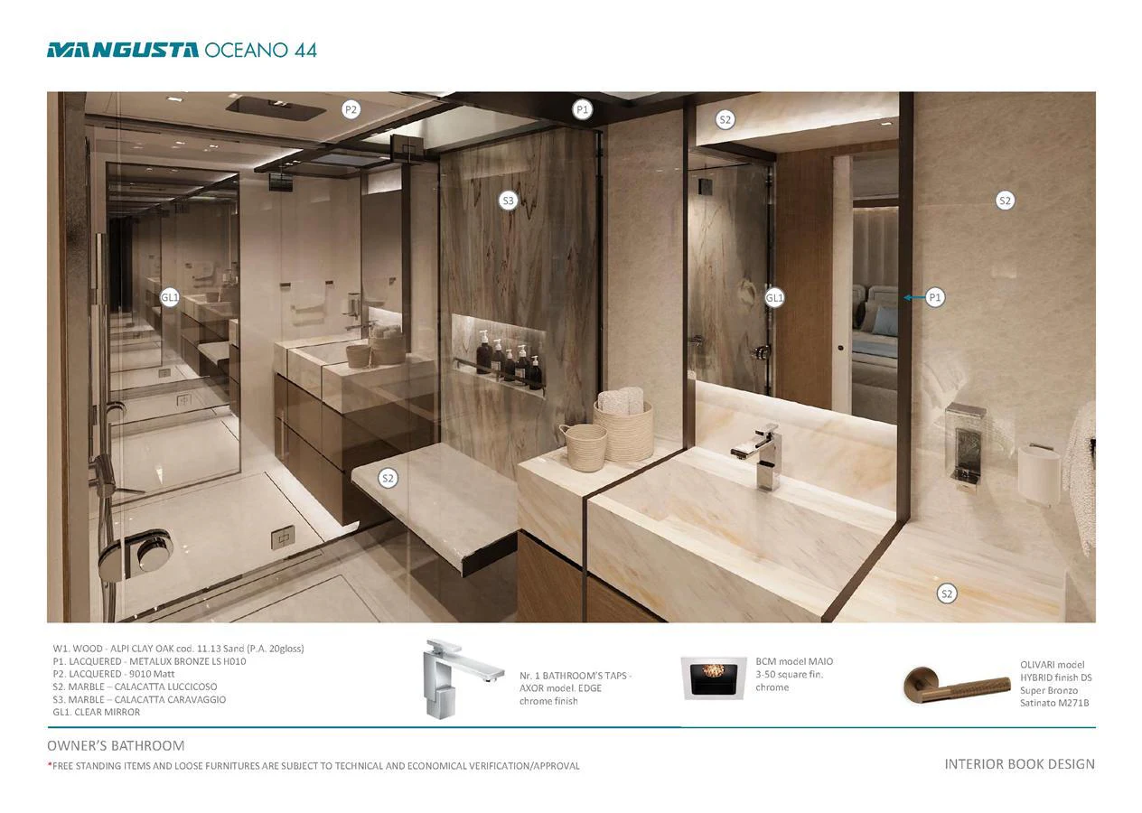 The owner's bathroom features luxurious finishes and modern fixtures, creating a serene and elegant space. aboard MANGUSTA OCEANO 44, #8 Yacht for Sale