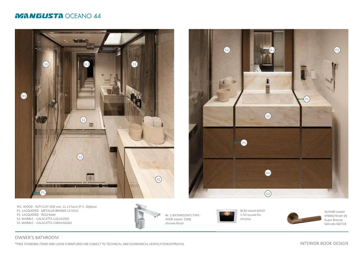 The owner's bathroom features a luxurious and modern design with high-end fixtures and finishes. aboard MANGUSTA OCEANO 44, #8 Yacht for Sale