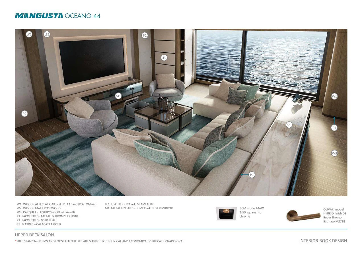 The upper deck salon offers a luxurious and comfortable space with modern furnishings and a stunning view of the ocean. aboard MANGUSTA OCEANO 44, #8 Yacht for Sale