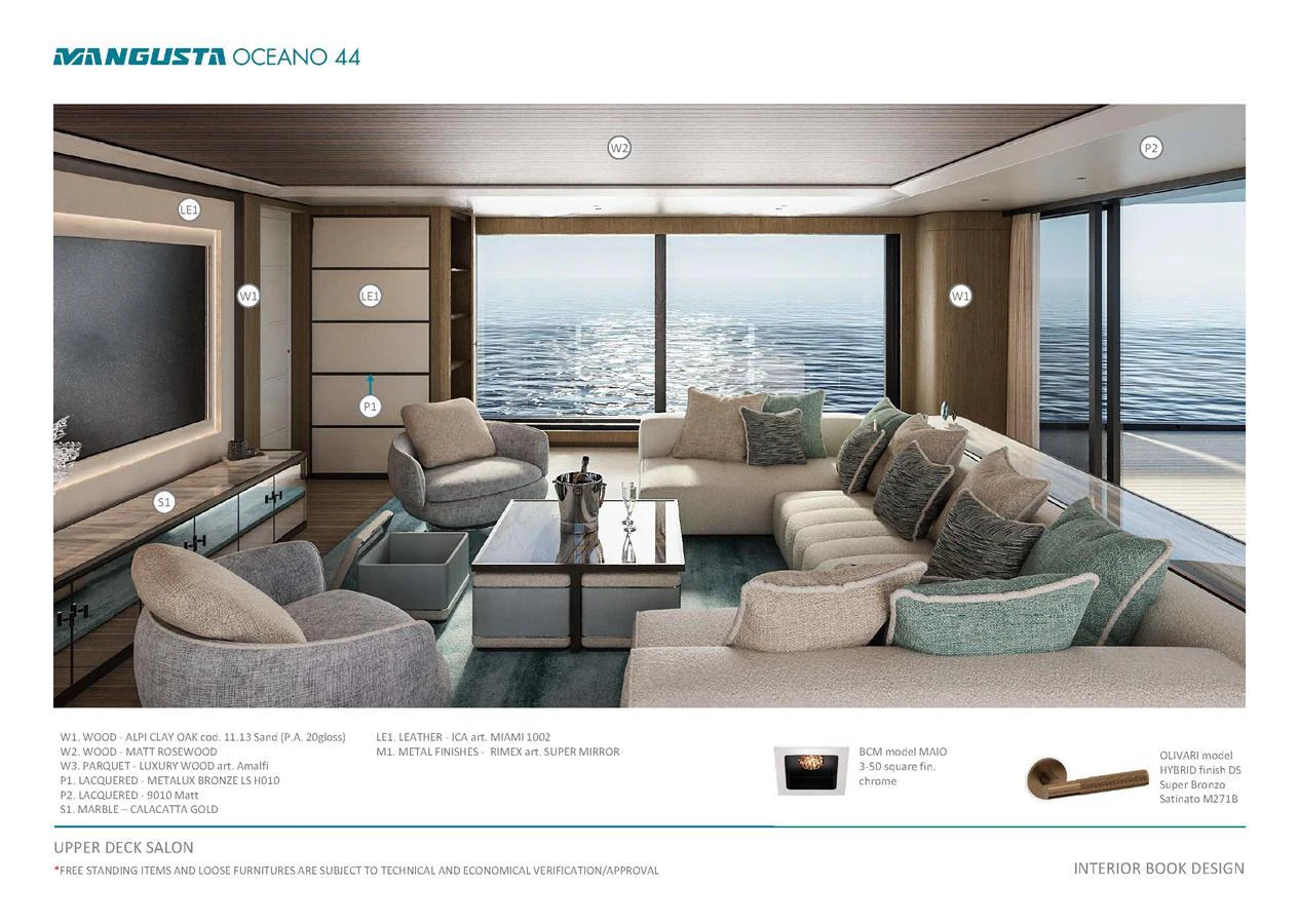The upper deck salon offers a luxurious and spacious seating area with panoramic ocean views. aboard MANGUSTA OCEANO 44, #8 Yacht for Sale