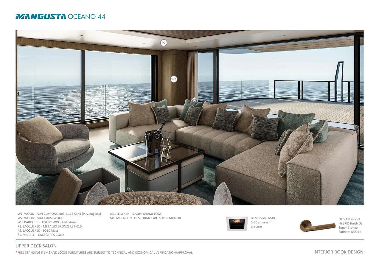 The upper deck salon offers a spacious and luxurious seating area with panoramic ocean views. aboard MANGUSTA OCEANO 44, #8 Yacht for Sale