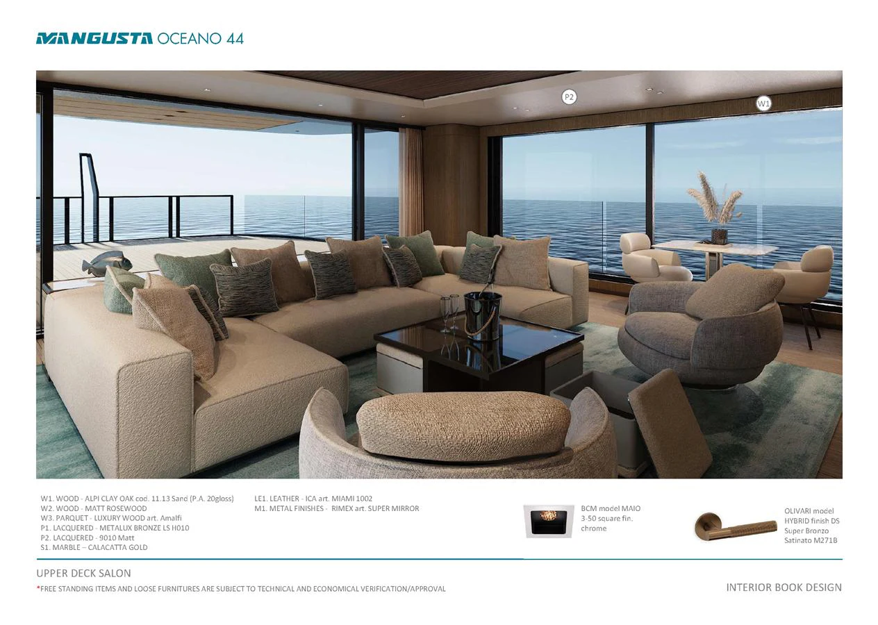 The upper deck salon offers a luxurious and spacious seating area with panoramic ocean views. aboard MANGUSTA OCEANO 44, #8 Yacht for Sale
