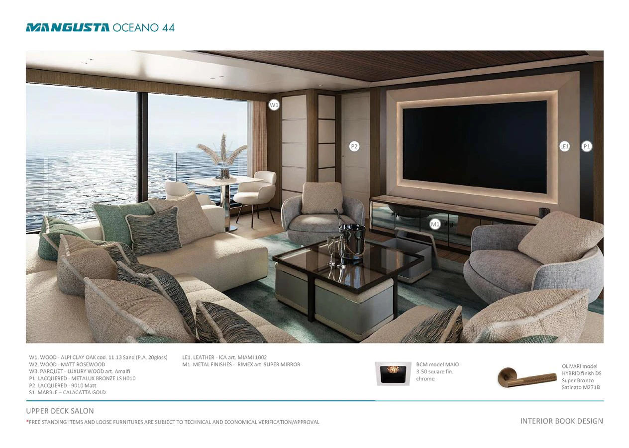 The salon offers a luxurious and spacious seating area with modern furnishings and a large TV. aboard MANGUSTA OCEANO 44, #8 Yacht for Sale