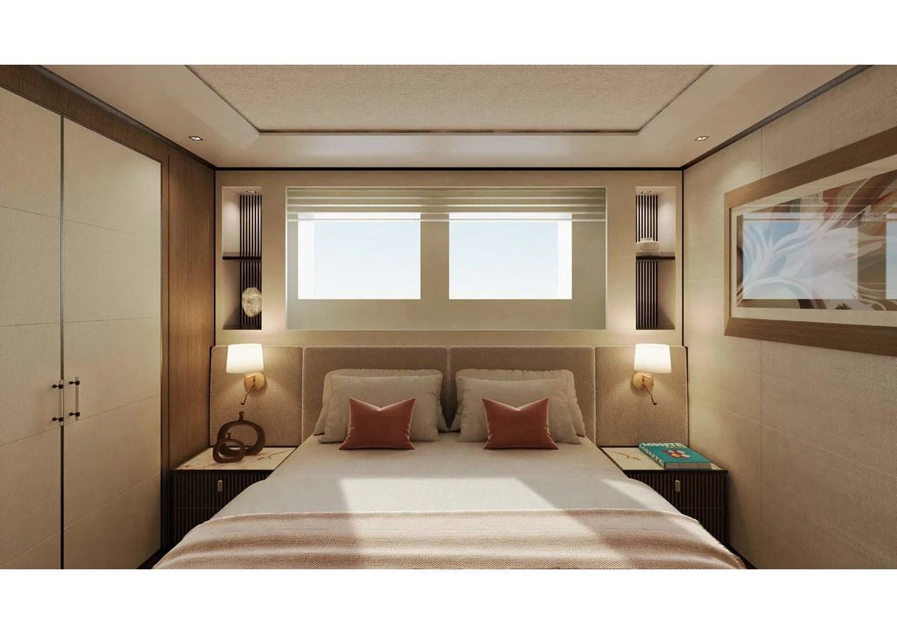 The stateroom features a plush bed with elegant bedding and warm lighting, creating a cozy and inviting atmosphere. aboard MANGUSTA OCEANO 44, #8 Yacht for Sale