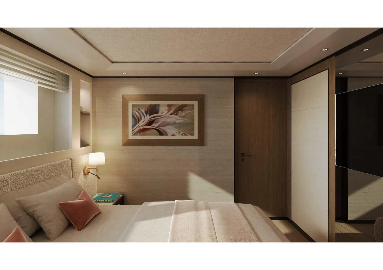 A cozy stateroom featuring a comfortable bed and elegant decor. aboard MANGUSTA OCEANO 44, #8 Yacht for Sale