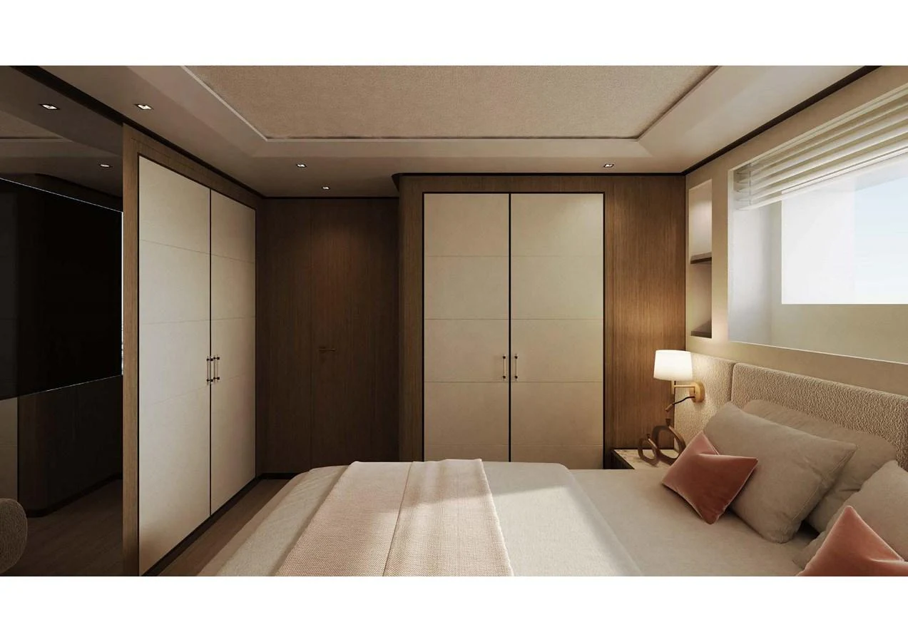 The stateroom features a cozy and elegant design with ample storage and soft lighting. aboard MANGUSTA OCEANO 44, #8 Yacht for Sale