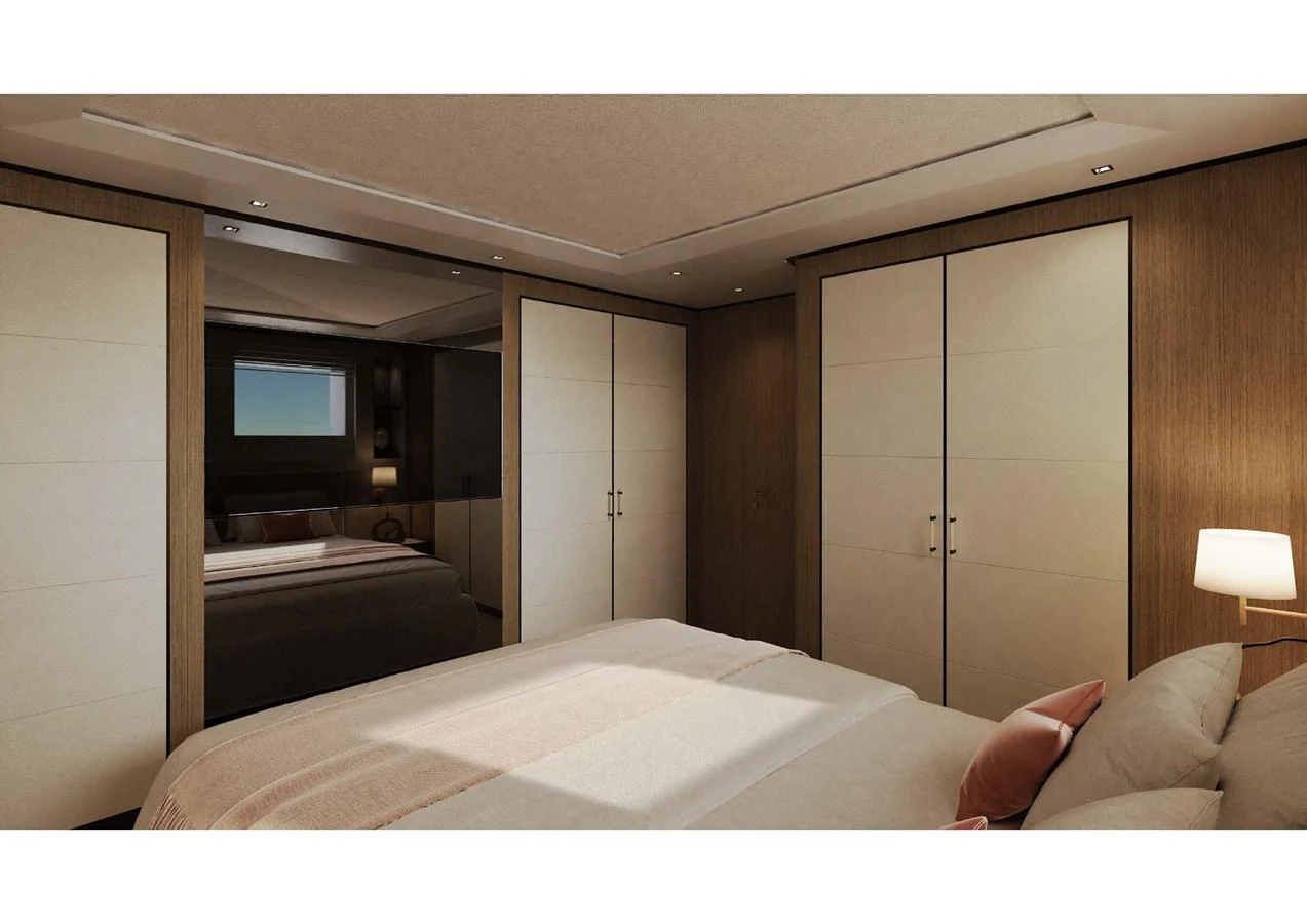 The stateroom features a cozy bed, ample storage, and a warm, inviting ambiance. aboard MANGUSTA OCEANO 44, #8 Yacht for Sale