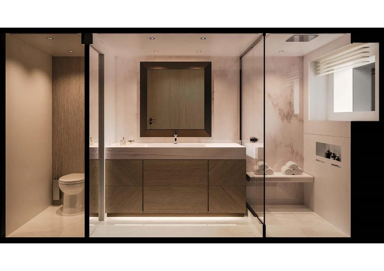 A luxurious yacht bathroom featuring modern fixtures and elegant design. aboard MANGUSTA OCEANO 44, #8 Yacht for Sale