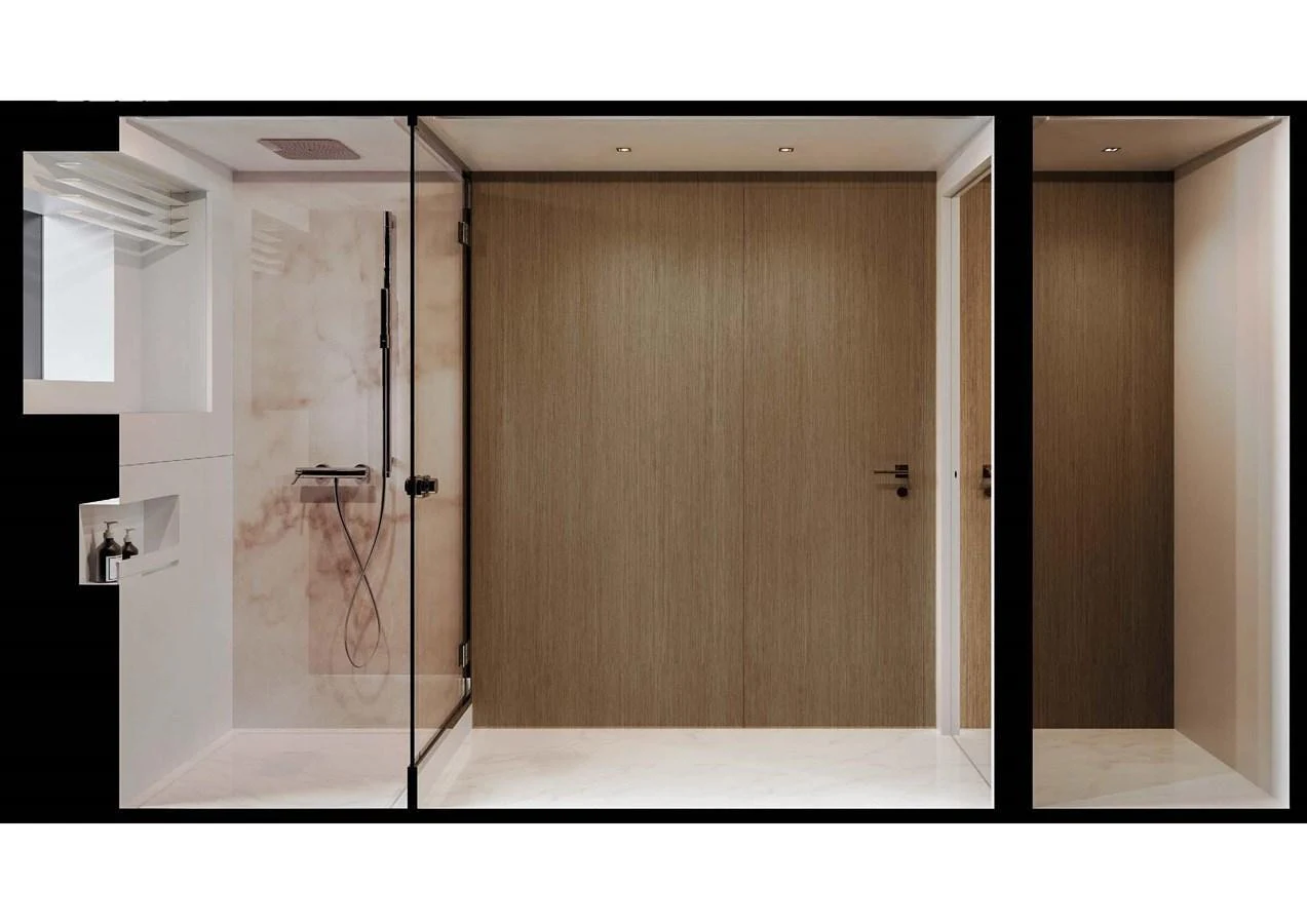 A sleek and modern yacht bathroom with a glass-enclosed shower and wooden accents. aboard MANGUSTA OCEANO 44, #8 Yacht for Sale