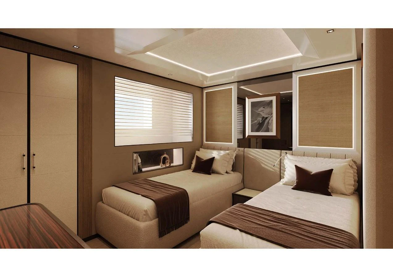 The guest stateroom features twin beds with elegant decor and soft lighting. aboard MANGUSTA OCEANO 44, #8 Yacht for Sale