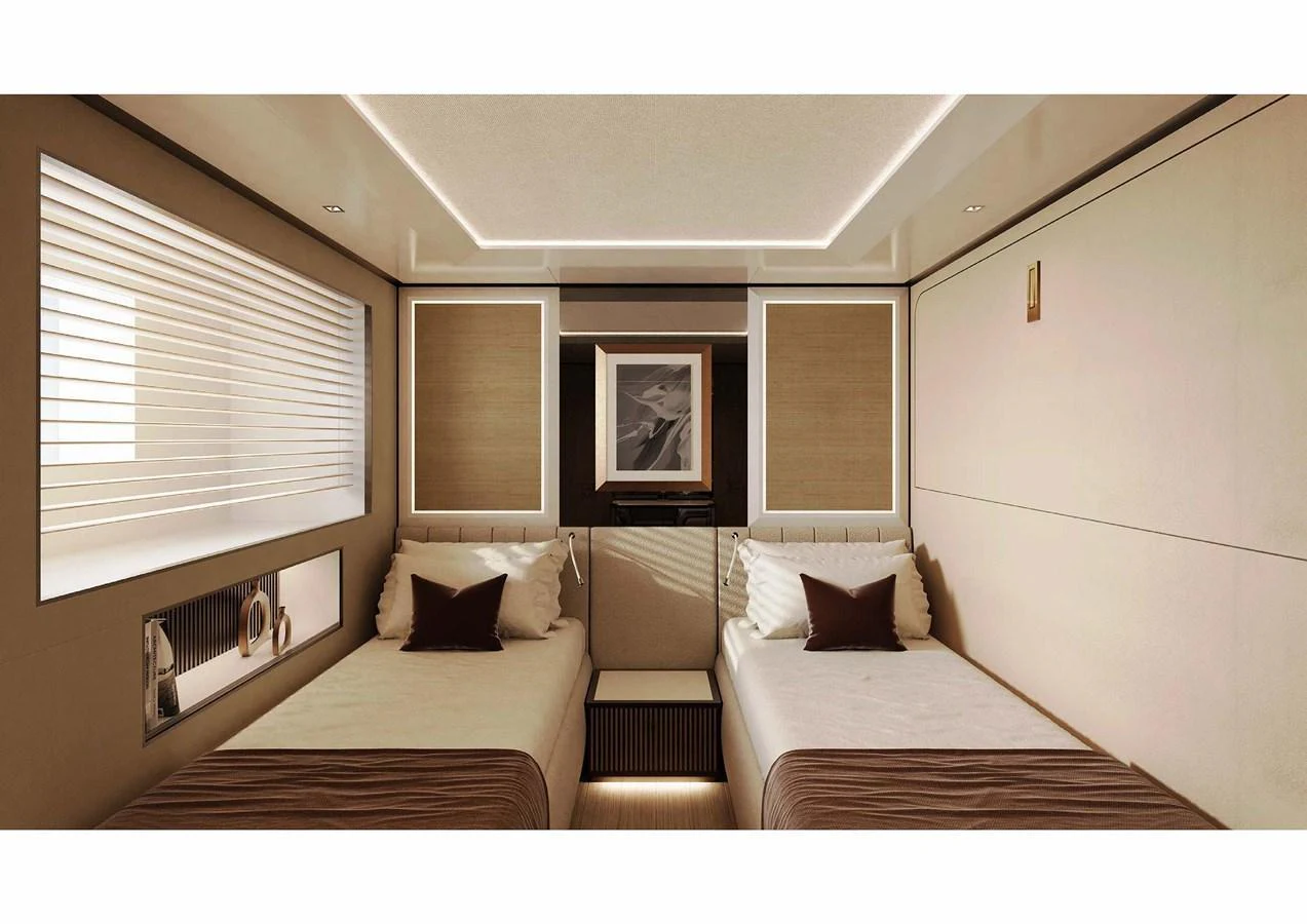 The twin stateroom features two comfortable beds with elegant decor and ample natural light. aboard MANGUSTA OCEANO 44, #8 Yacht for Sale