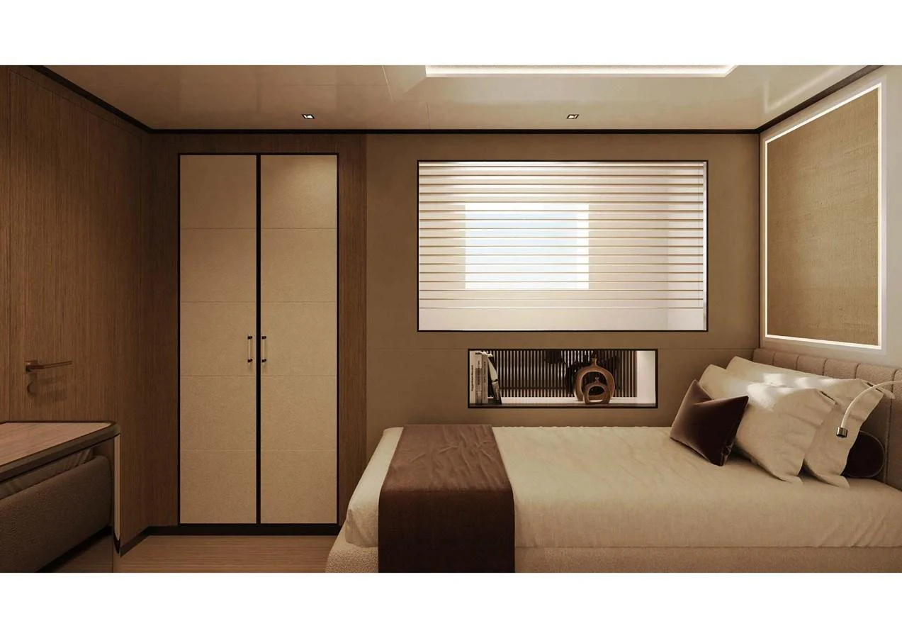 A luxurious stateroom featuring a large bed, elegant wood finishes, and ample storage space. aboard MANGUSTA OCEANO 44, #8 Yacht for Sale
