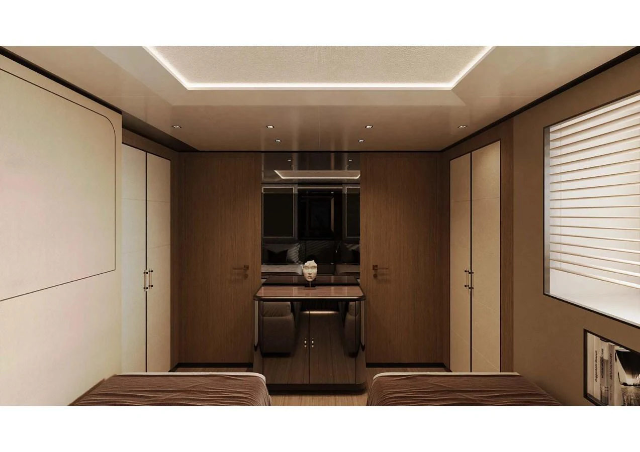 The stateroom features elegant wood paneling and modern lighting, creating a serene and luxurious atmosphere. aboard MANGUSTA OCEANO 44, #8 Yacht for Sale