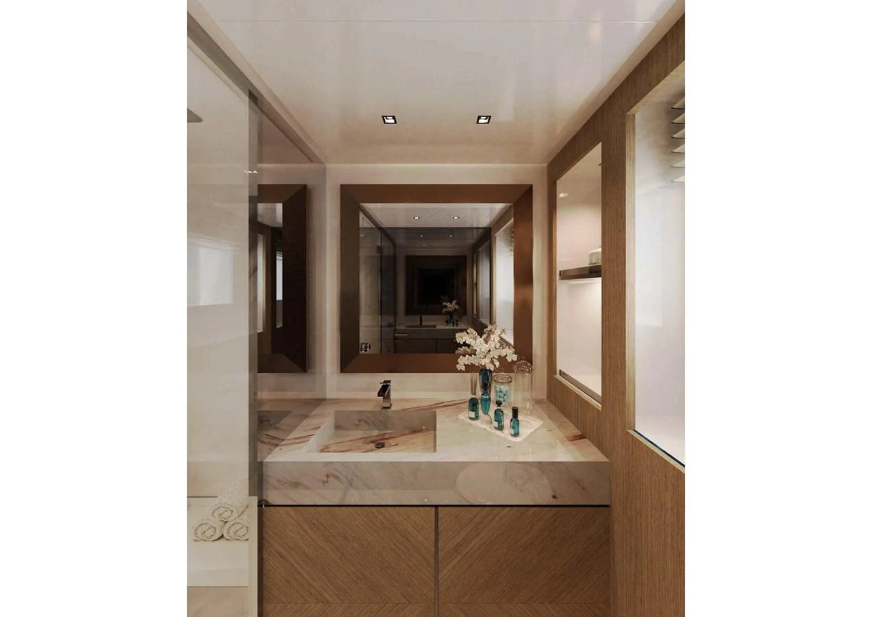 The yacht's bathroom features a sleek, modern design with elegant fixtures and a spacious layout. aboard MANGUSTA OCEANO 44, #8 Yacht for Sale