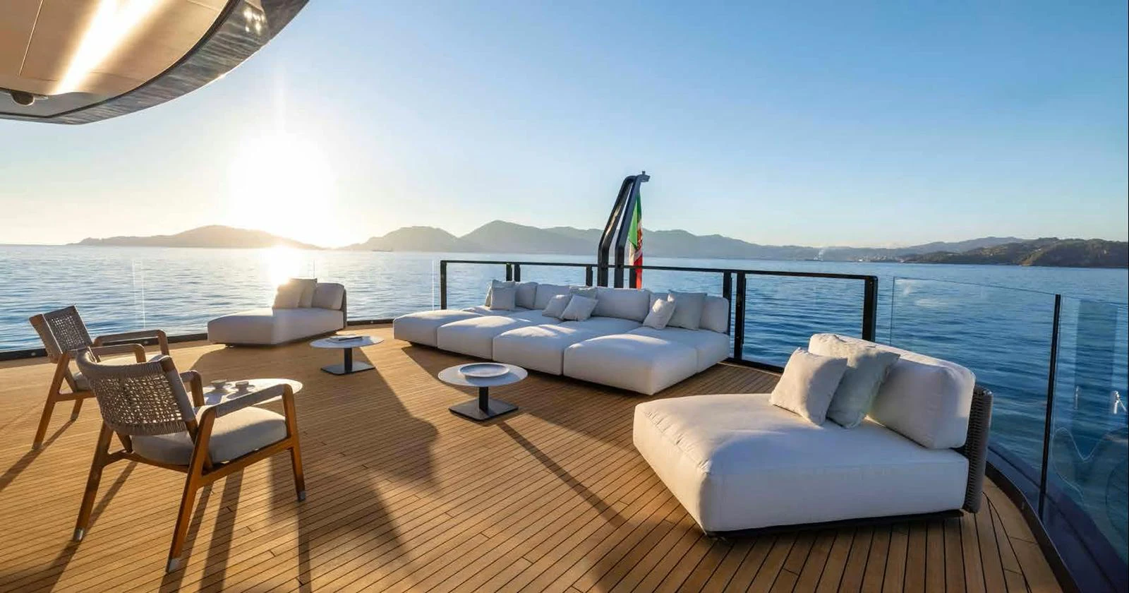 The spacious aft deck offers luxurious lounging with panoramic ocean views. aboard MANGUSTA OCEANO 44, #8 Yacht for Sale