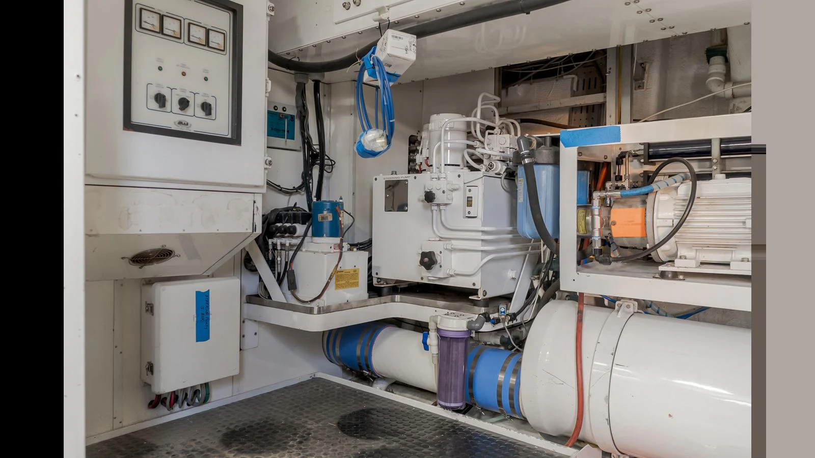 The image showcases the technical and mechanical equipment in the yacht's engine room. aboard ACTIVE OCTO Yacht for Sale