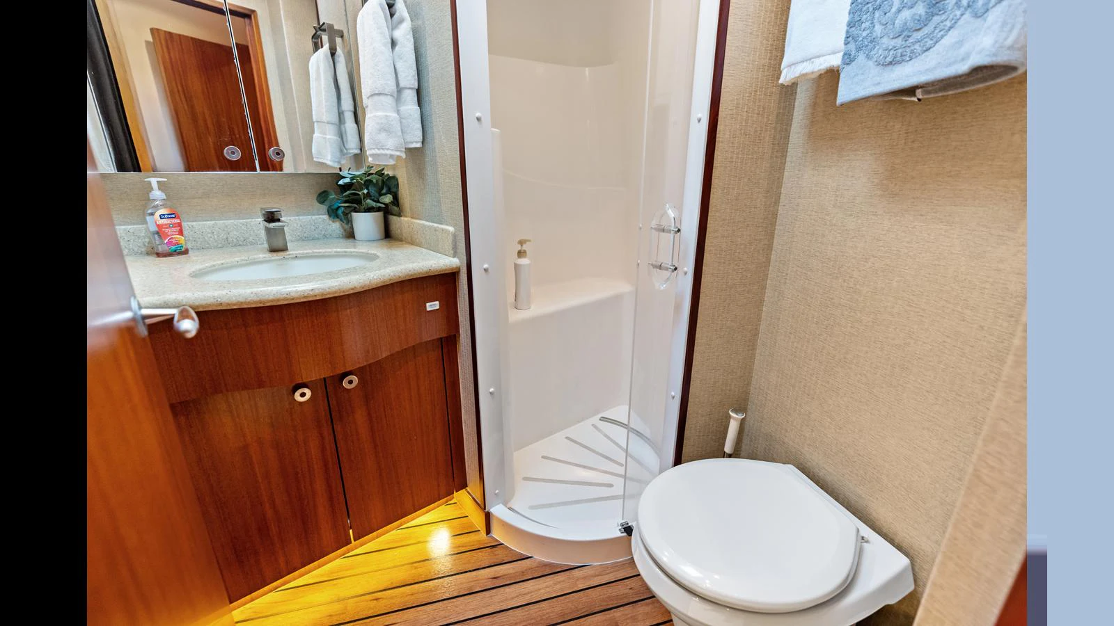 The yacht's bathroom features a compact yet functional design with a shower, sink, and toilet. aboard FIRTH'S CHASM Yacht for Sale