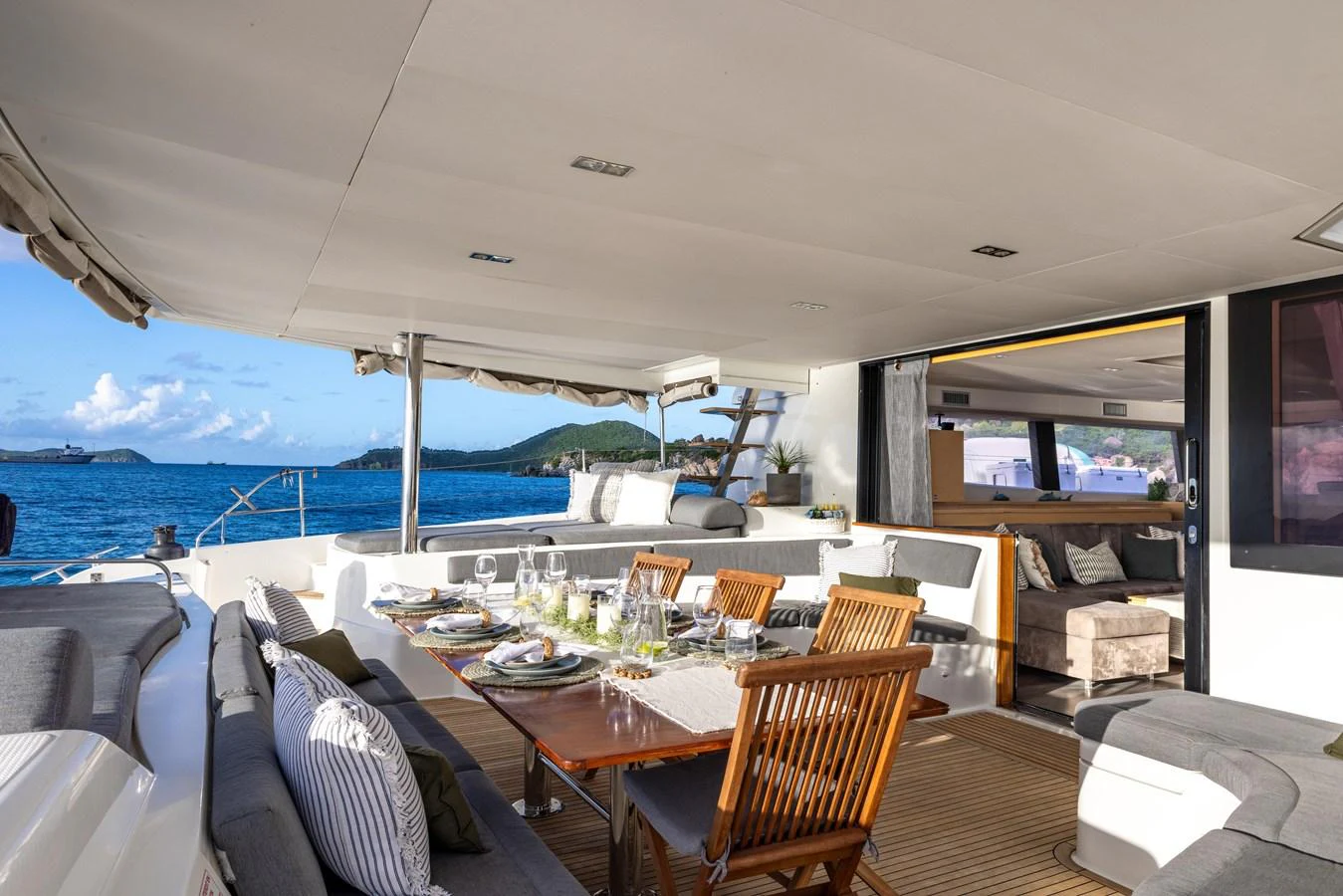 a dining table on a boat aboard TRUE STORY Yacht for Sale