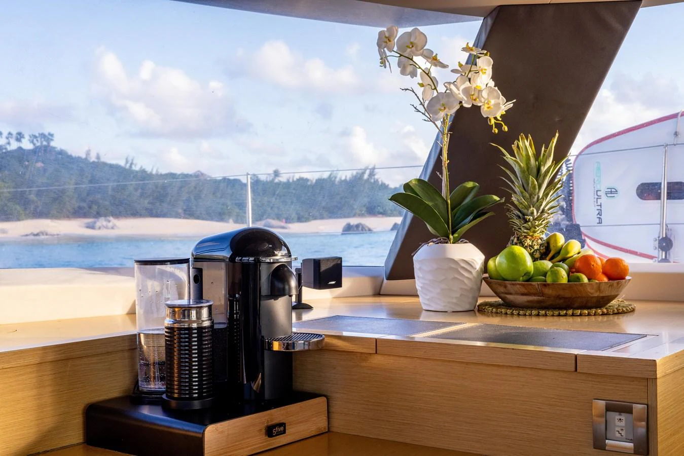 a kitchen counter with a potted plant and a window aboard TRUE STORY Yacht for Sale
