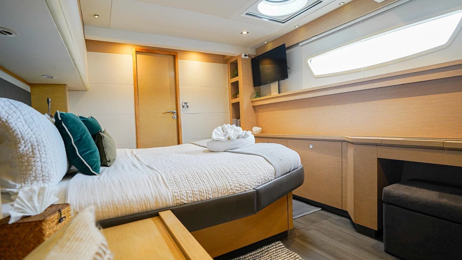 a bed in a room aboard TRUE STORY Yacht for Sale