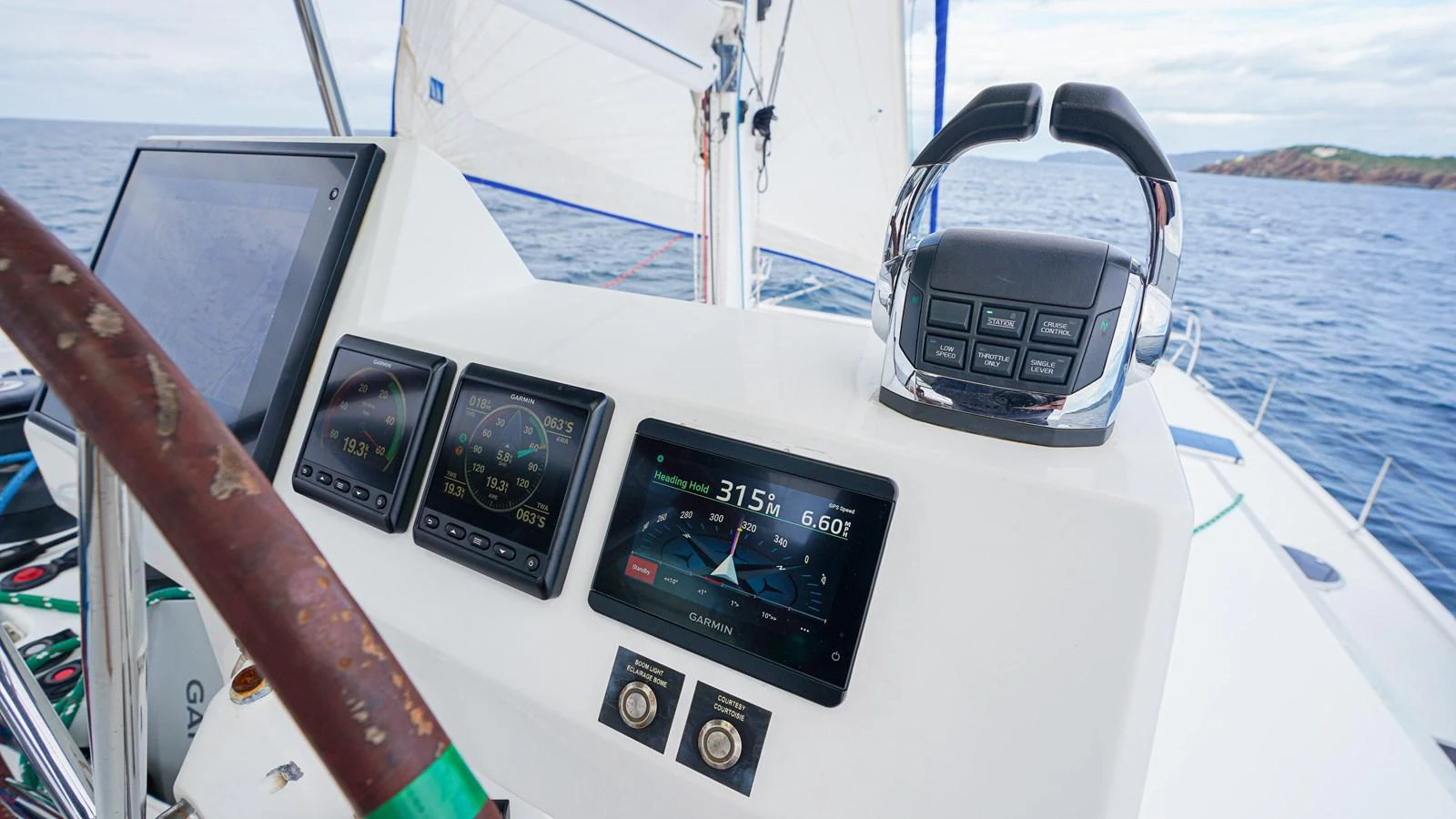 a boat with a screen and a phone on the front aboard TRUE STORY Yacht for Sale