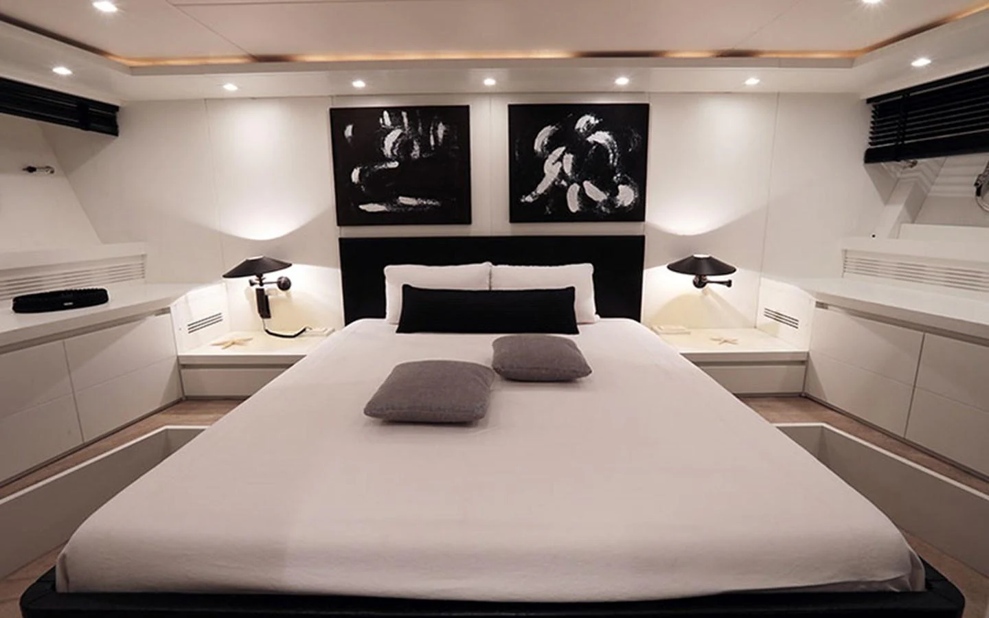 The master stateroom exudes modern elegance with its sleek design and sophisticated decor. aboard NIKCA Yacht for Sale