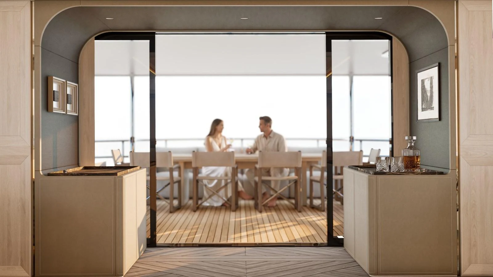 A stylish dining area with a view of the ocean, featuring elegant furnishings and decor. aboard YN208 Yacht for Sale