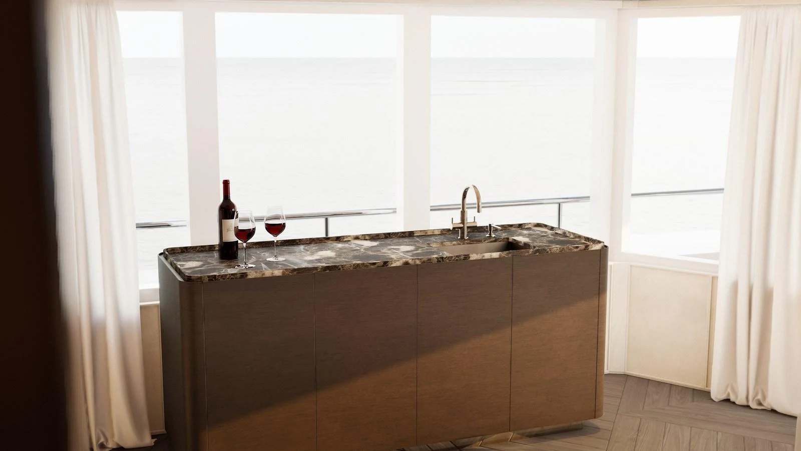 A sophisticated interior bar area with a marble countertop and ocean view. aboard YN208 Yacht for Sale