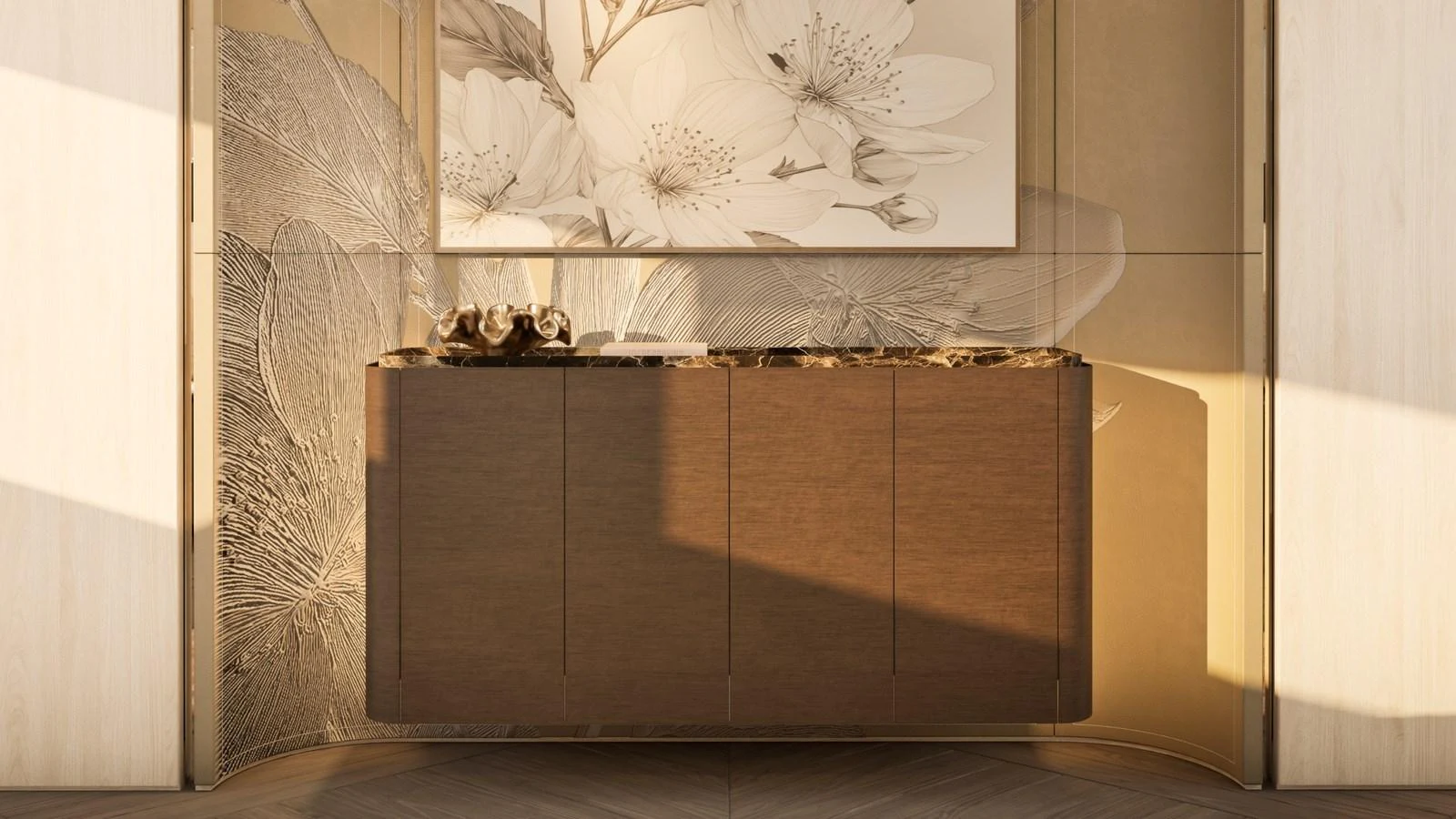 A beautifully designed interior space featuring elegant wall art and a sleek wooden cabinet. aboard YN208 Yacht for Sale
