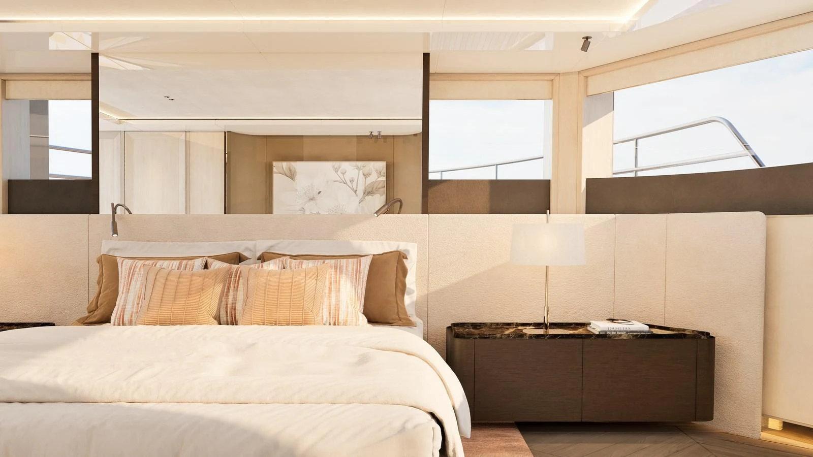 The master stateroom features a luxurious bed with elegant bedding and ample natural light. aboard YN208 Yacht for Sale
