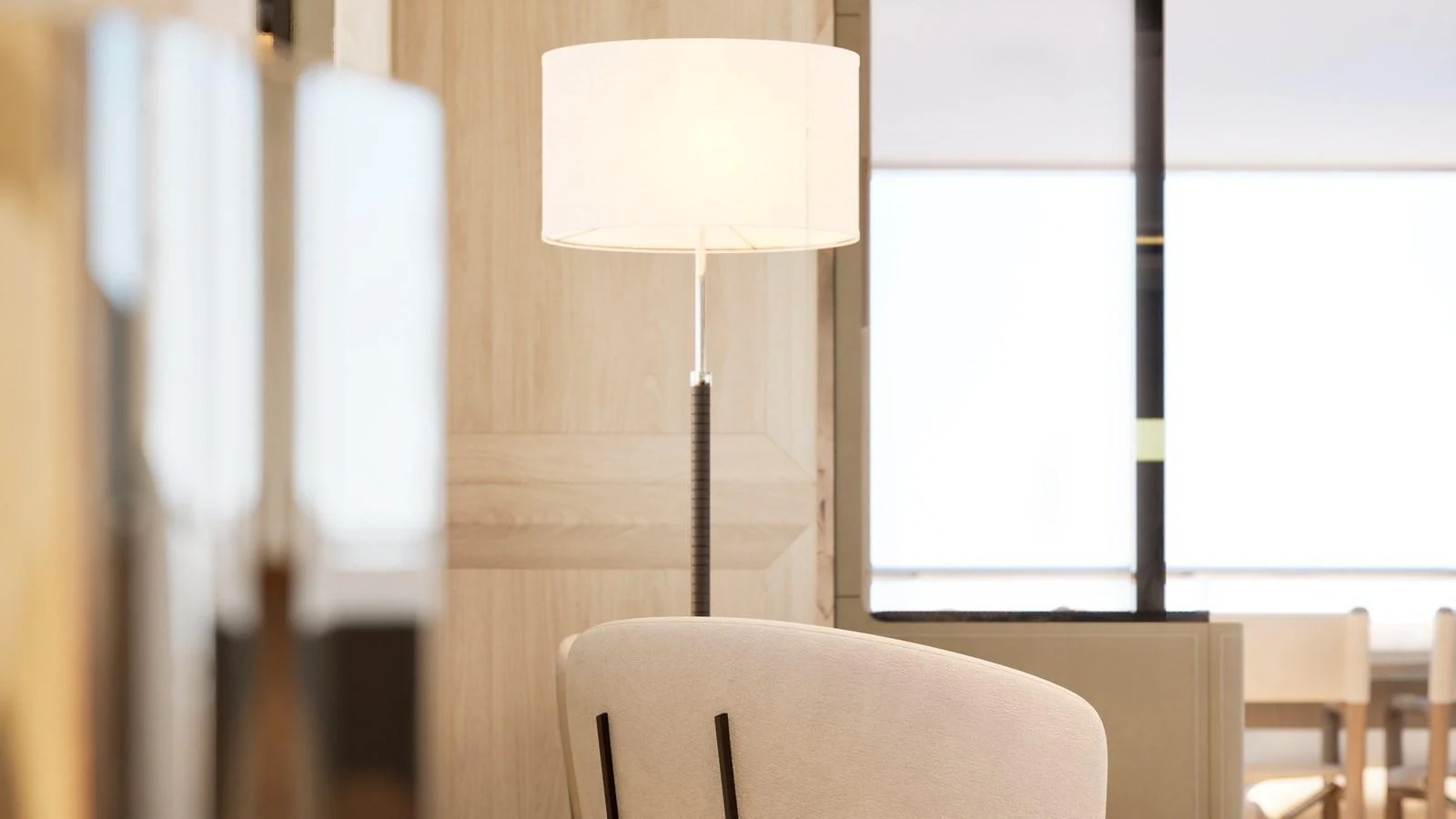 A serene interior space featuring a modern lamp and elegant furnishings. aboard YN208 Yacht for Sale