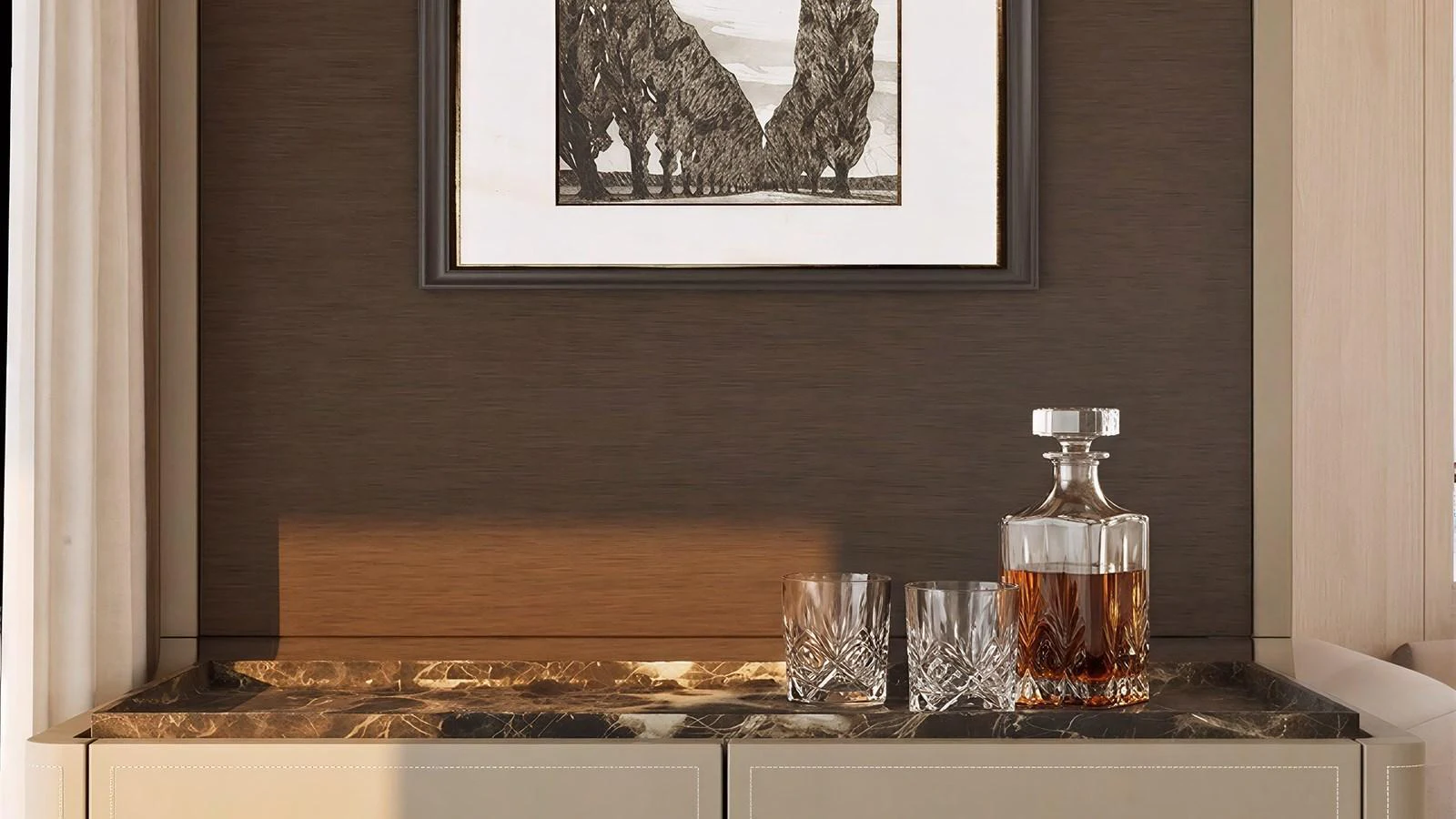 A sophisticated interior detail featuring a marble-topped cabinet with crystal glassware and a framed artwork above. aboard YN208 Yacht for Sale
