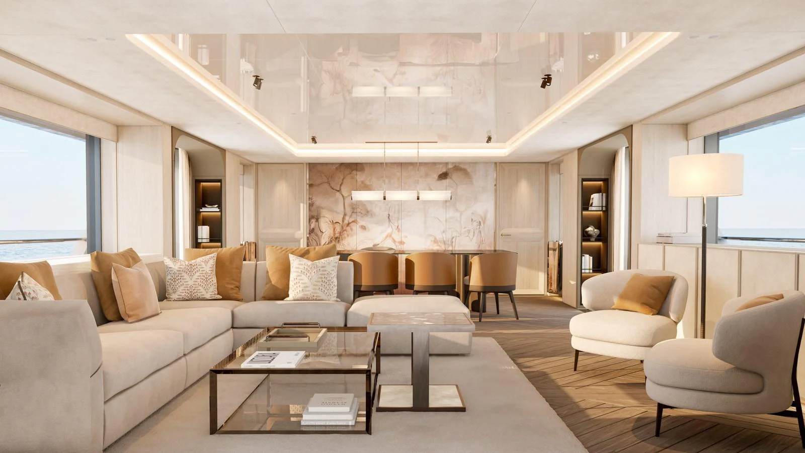 The salon features a spacious and elegantly designed seating area with modern furnishings and large windows offering stunning views. aboard YN208 Yacht for Sale