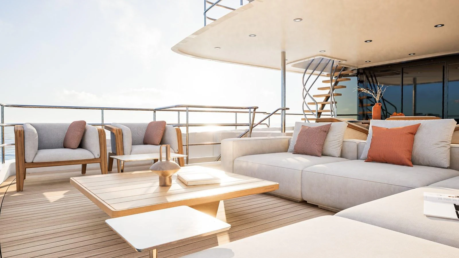 The aft deck features a luxurious seating area with plush cushions and modern design elements. aboard YN208 Yacht for Sale