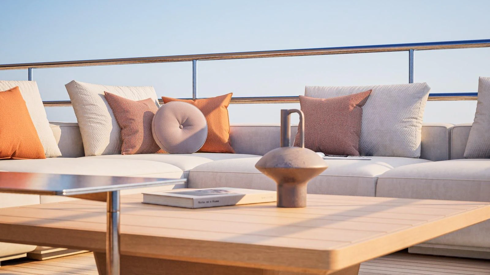 The sundeck features a stylish and comfortable seating area with plush cushions and a modern coffee table. aboard YN208 Yacht for Sale