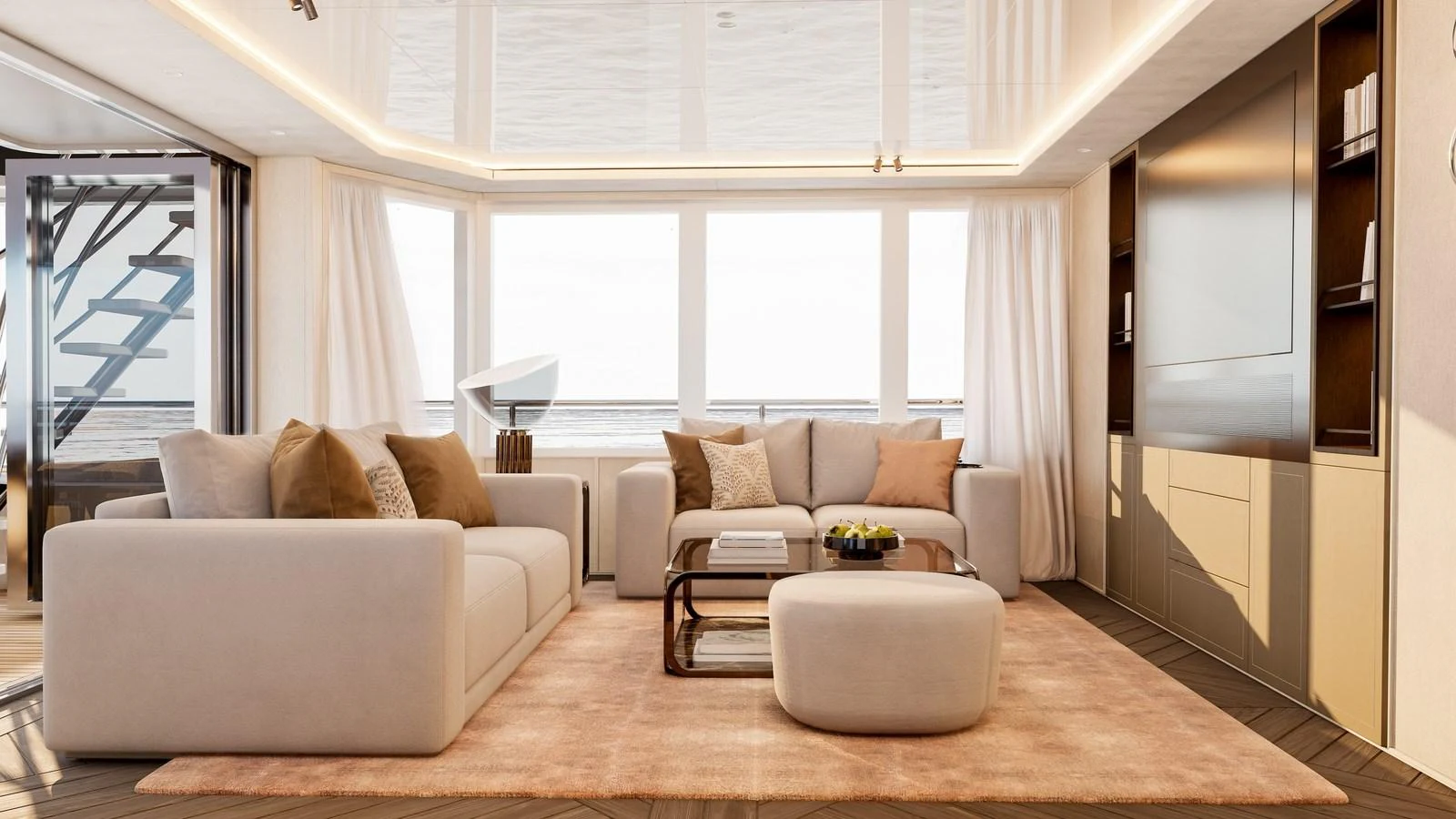 The salon features plush seating, a large TV, and expansive windows for a luxurious and comfortable experience. aboard YN208 Yacht for Sale