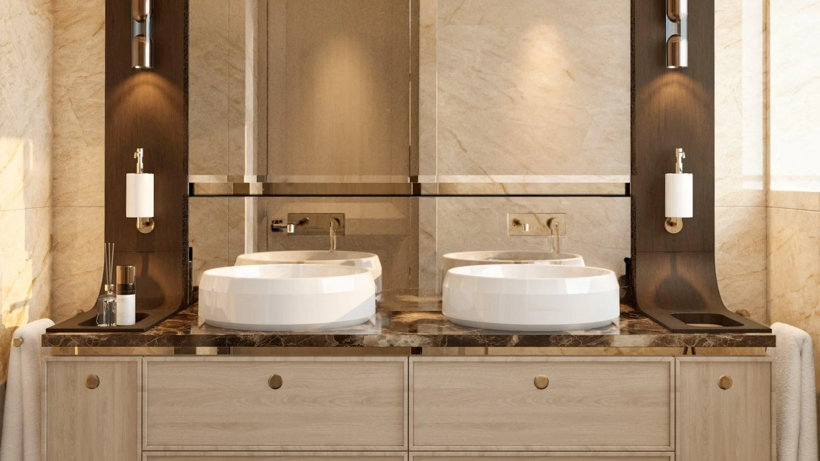 The yacht's bathroom features a luxurious double sink vanity with elegant fixtures and warm lighting. aboard YN208 Yacht for Sale