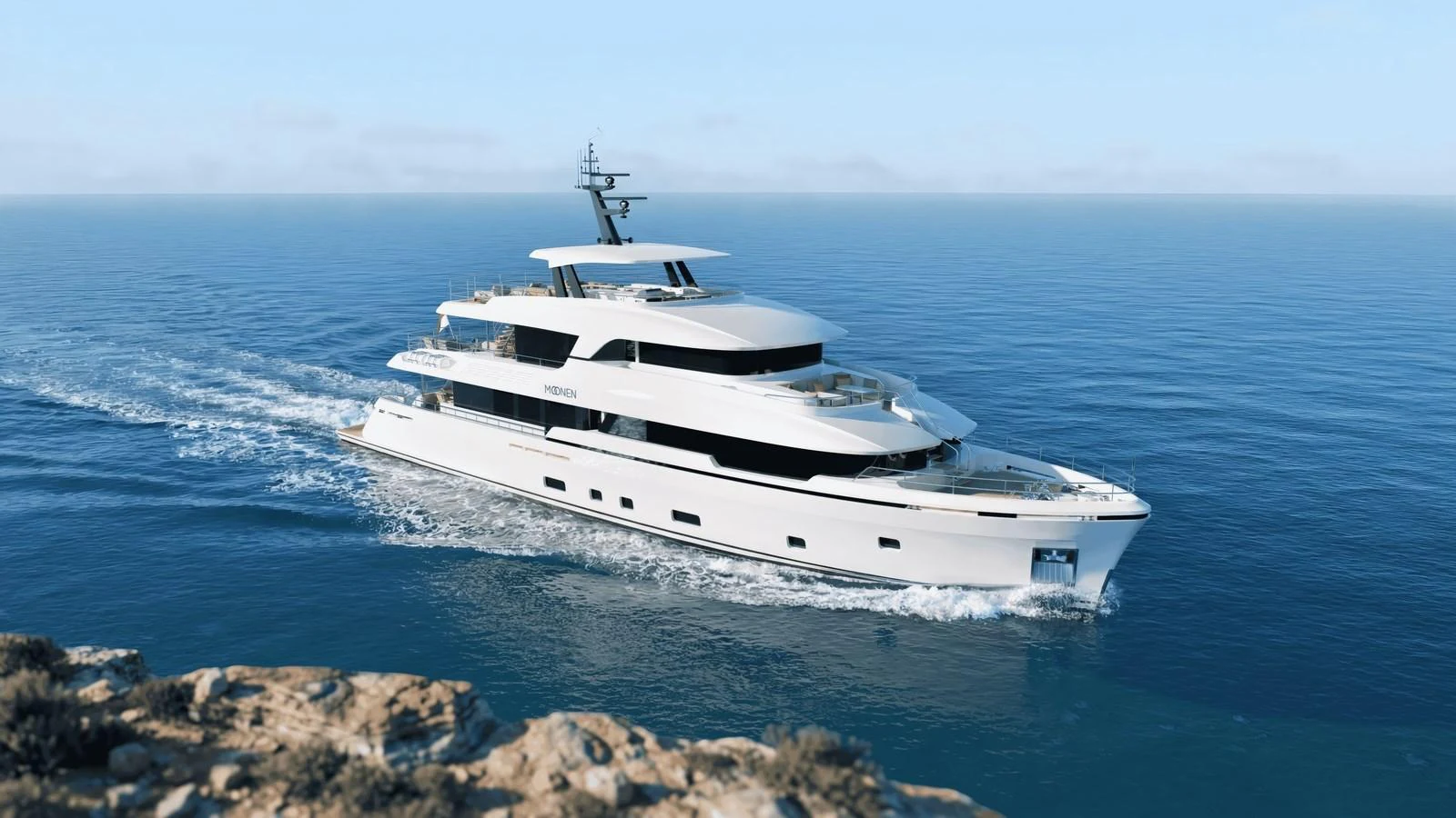 A sleek and modern yacht cruising through calm blue waters. aboard YN208 Yacht for Sale
